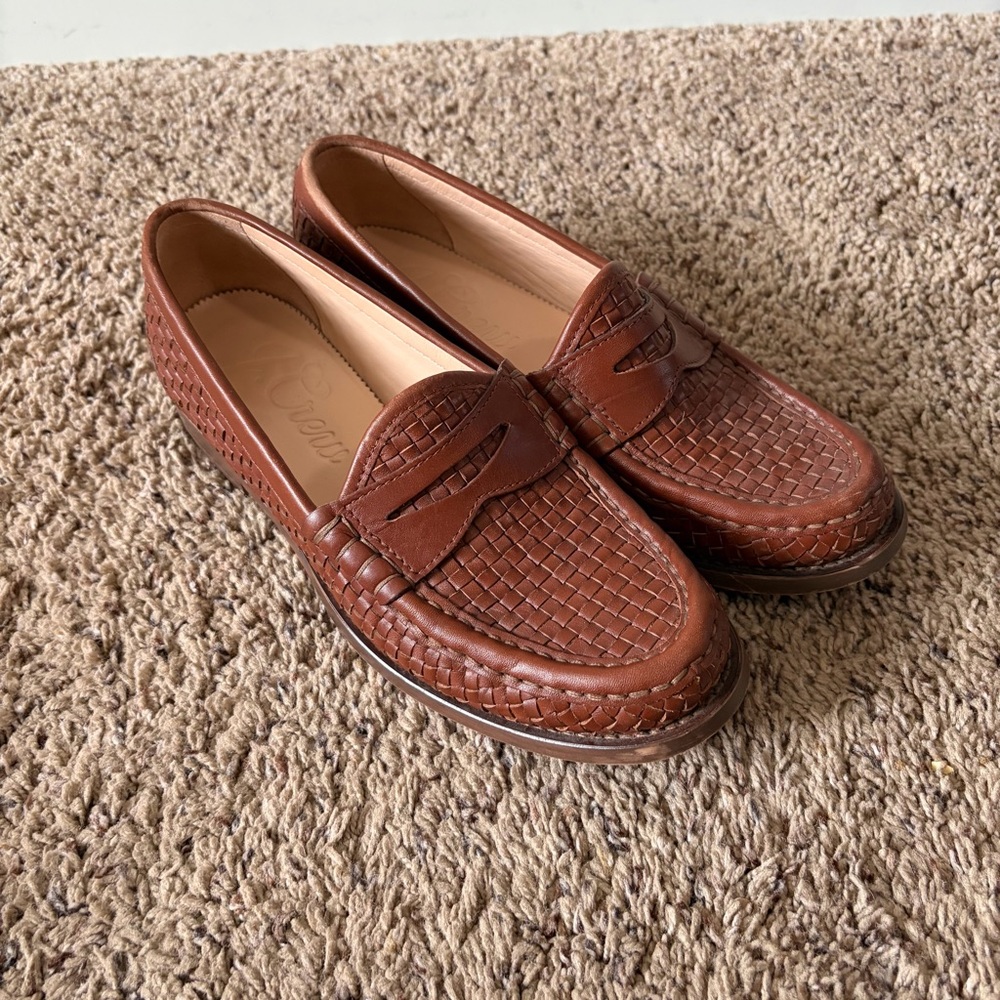 J. Crew Winona Penny Loafers in Woven Italian leather, Brown, Women's Size 8